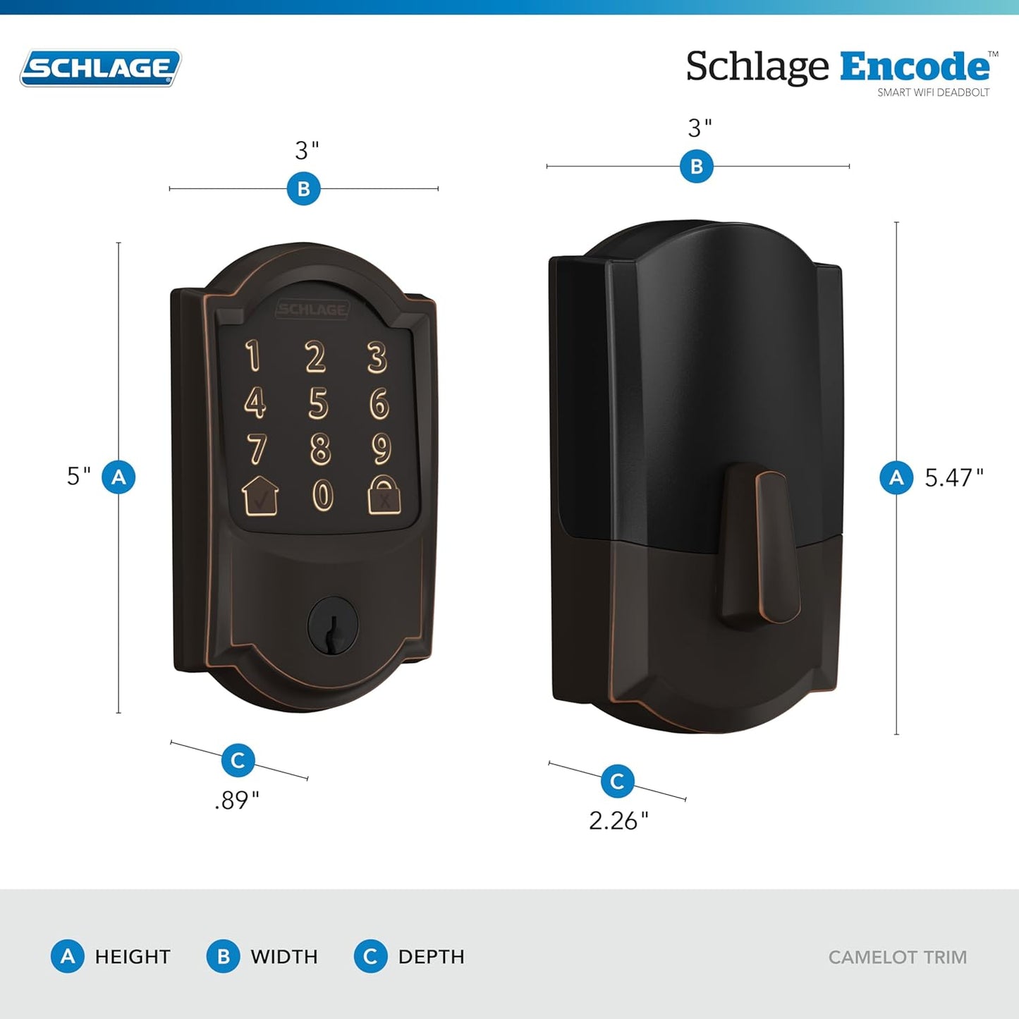 Schlage Encode Smart Wi-Fi Deadbolt Lock with Touchscreen Keypad, Keyless Front Door Entry, App Control, Alexa, Google Home and Airbnb Compatible, Aged Bronze, BE489WB CAM 716