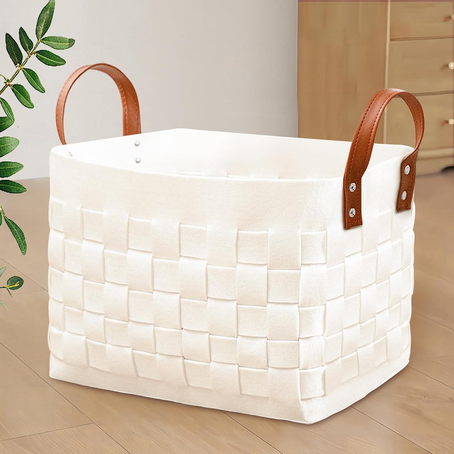 boldmonkey Blankets Basket 16.5 " x13 x13 , Large Rectangular Laundry Hamper with Leather Handle, Soft Dog Toy Basket for Storage-Beige