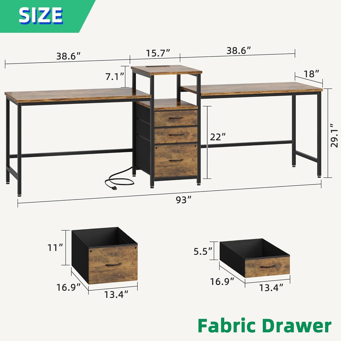 GYIIYUO 93'' Two Person Desk with Charging Station, Long Desk with 3 Drawers and Printer Shelf, Double Computer Desk, 2 Person Writing Study Table Workstation for Home Office, Rustic Brown