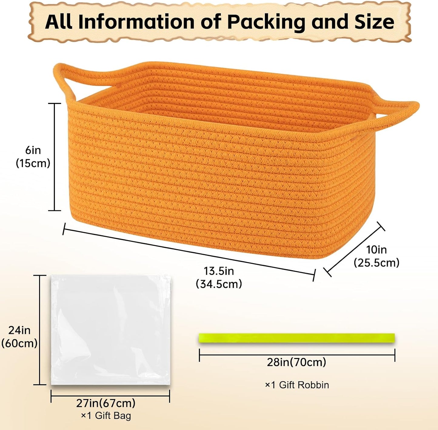 OIAHOMY Woven Basket, Gift Basket Empty with Gift Bags and Ribbons, Rope Baskets for Baby Showers, Storage Baskets with Handles for Nursery, Pet Toy Organizer - Orange