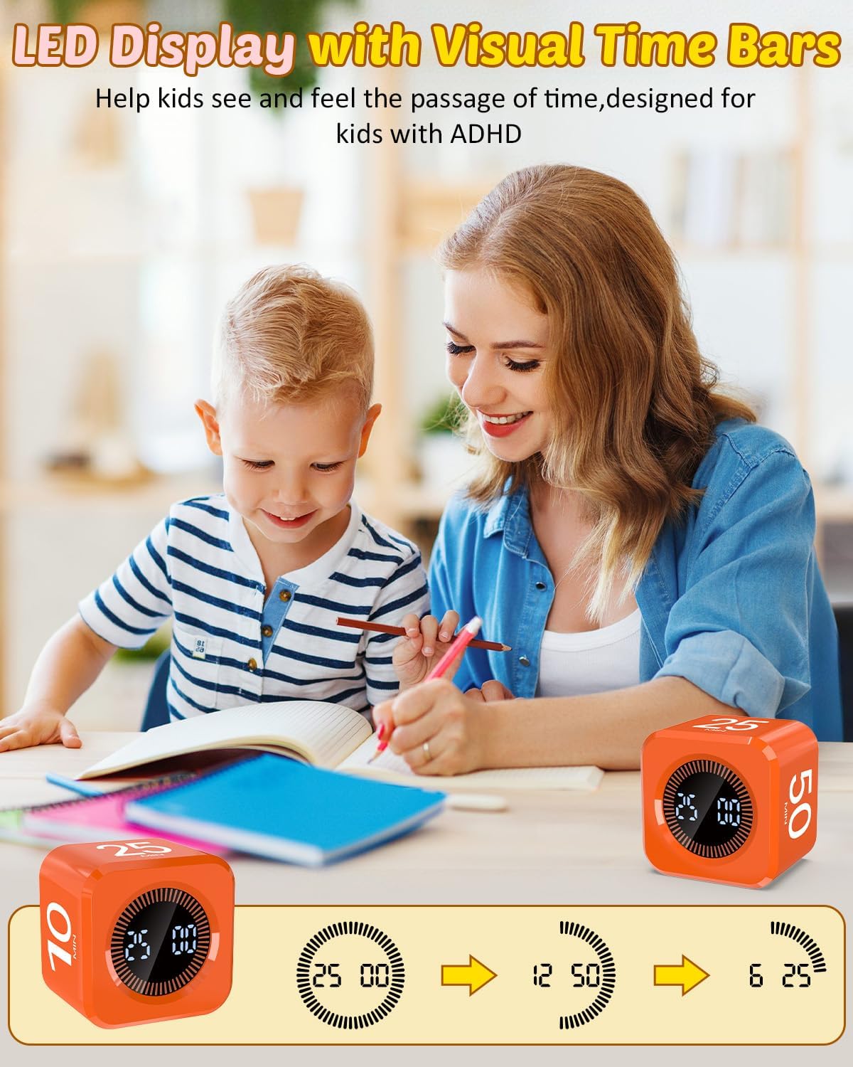 Digital Pomodoro Timer Cube 5/10/25/50min Preset, Silent & Sound Alarm