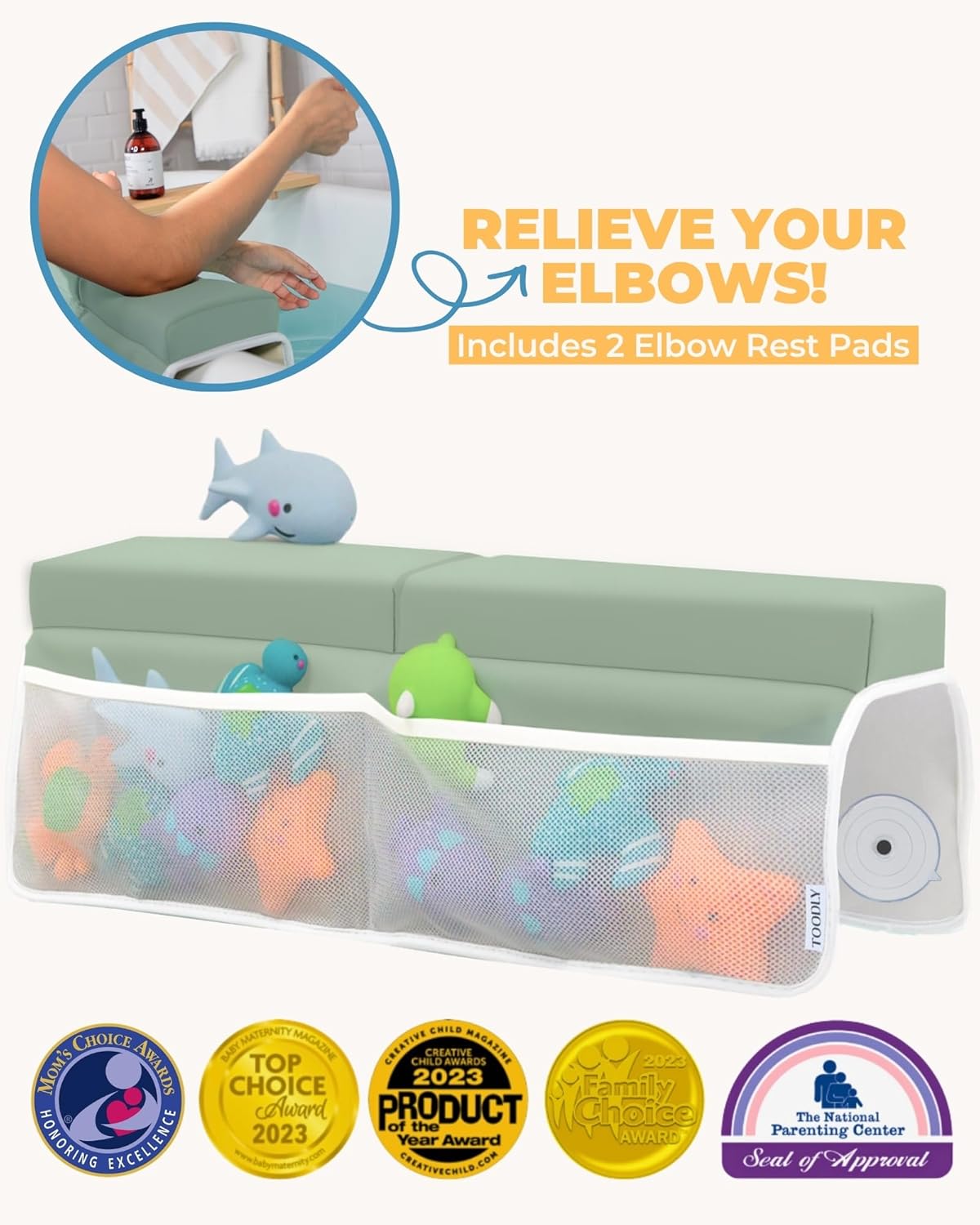 Comfortable Baby Bath Kneeler and Elbow Rest Pad Set – Thick Memory Foam Bath Kneeling Pad with Elbow Support – Baby Bathtub Cushion with Toy Organizer for Bathing Infant or Toddler - Green