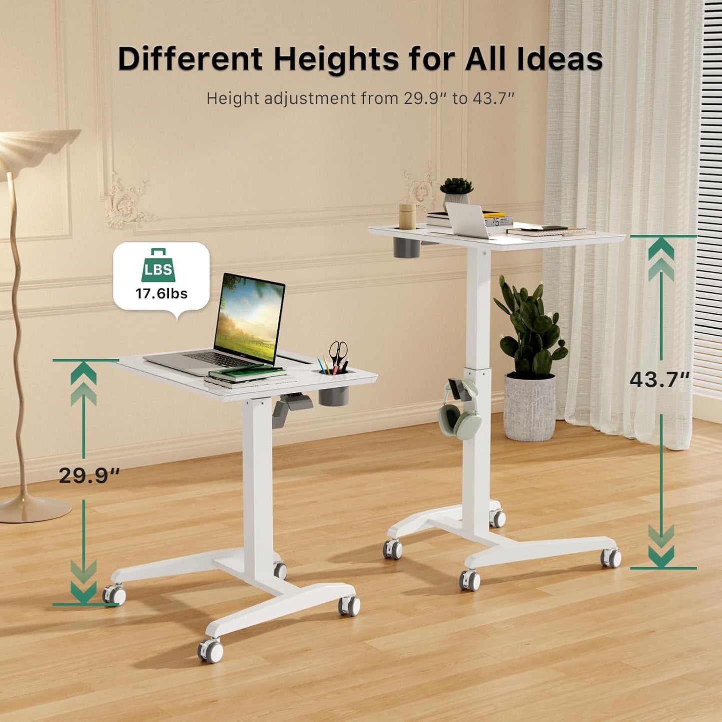 Gibbon Mounts Glass Mobile Standing Desk, Height Adjustable Rolling Laptop Table, 27 inches Portable Sit Stand Desk with Wheels and Hook, Pneumatic Computer Workstation, White
