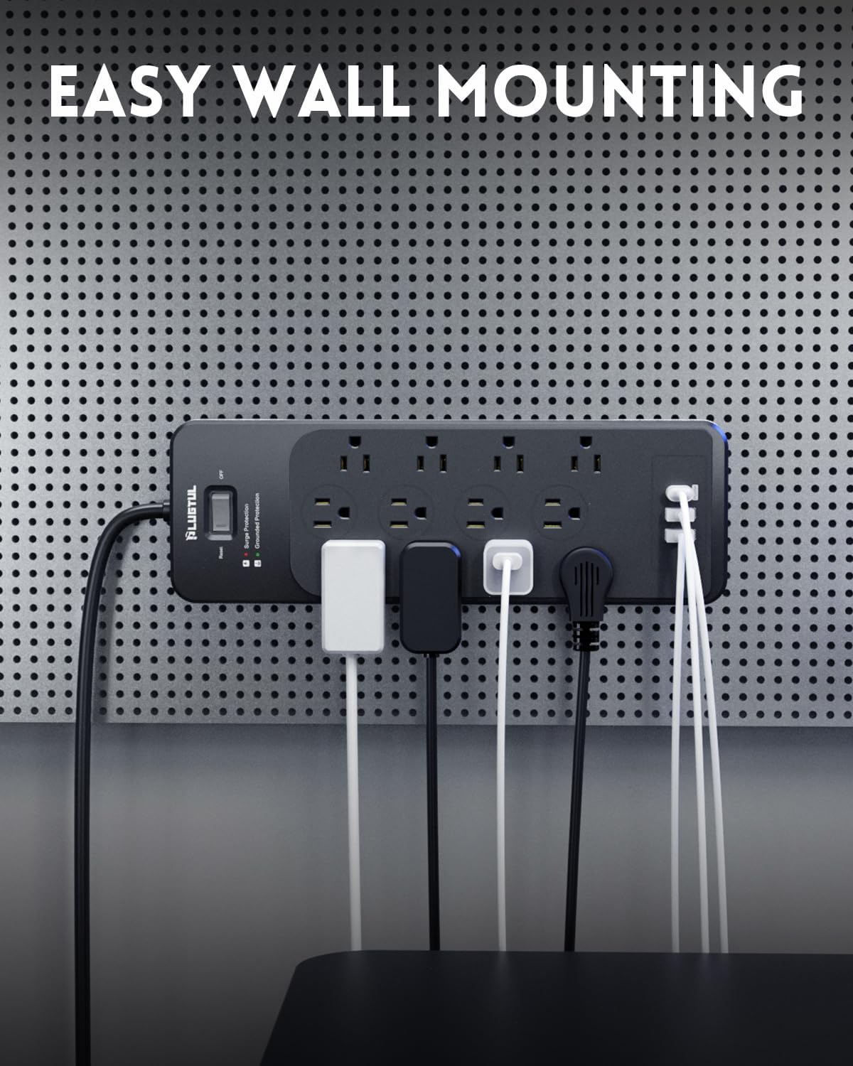 PLUGTUL Surge Protector Power Strip 10FT | Black Surge Protector with 12 Outlets - Spacious Design for Large Plugs, Flat Plug, 4080J, 20W USB C Charging, ETL Listed