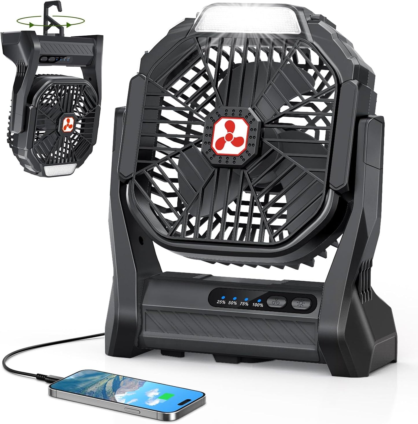 Portable Rechargeable Fan, 20000mAh Cordless Battery Powered Camping Tent Fans with LED Lantern, Small USB C Operated Outdoor Ventilador for Travel Camp Fishing Picnic Beach Office Home Essentials