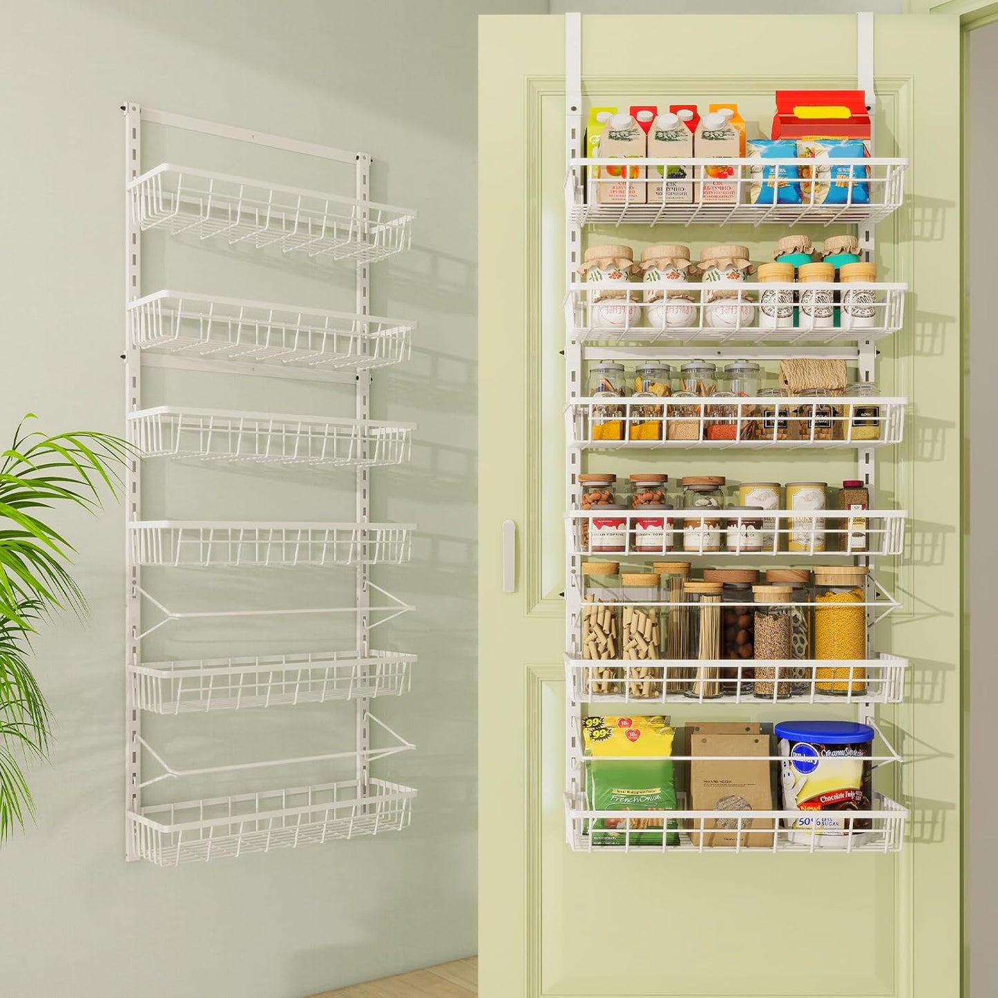 Mefirt Over The Door Pantry Organizer, Wall Mount Spice Rack, Pantry Hanging Storage and Organization, 6 Adjustable Baskets Heavy-Duty Metal for Home & Kitchen, Back of Door Seasoning Rack - White