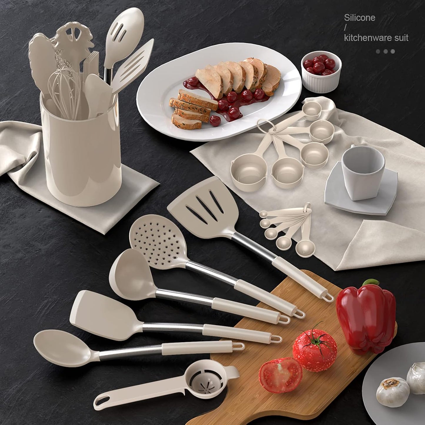oannao Large Silicone Cooking Utensils Set - Heat Resistant Kitchen Utensils,Turner Tongs,Spatula,Spoon,Brush,Whisk,Stainless Steel Cooking Tool for Nonstick Cookware,Dishwasher Safe (Khaki)