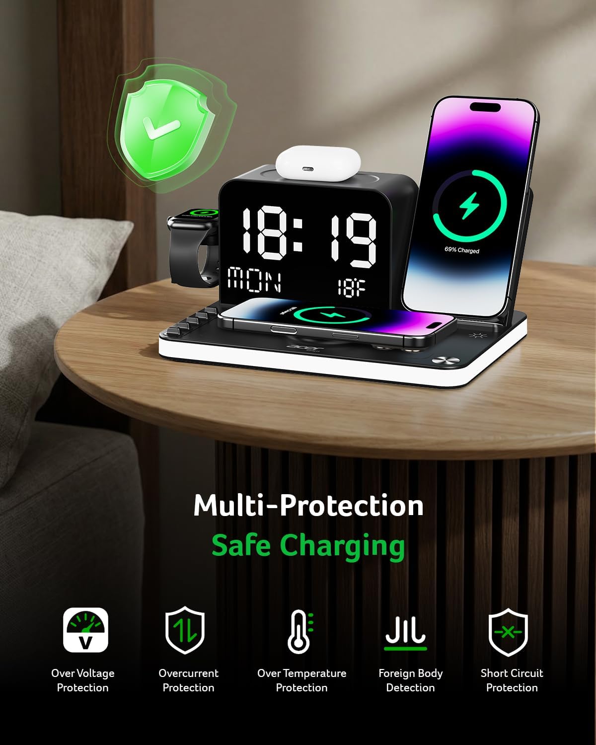 Acer Gadget 7-in-1 Wireless Charging Station Charger Stand for Multiple Devices for Apple - iPhone 17 16 15 14 13 12 Pro Max Apple Watch Airpods, Wireless iPhone Charger Station with Bluetooth TimeSyn
