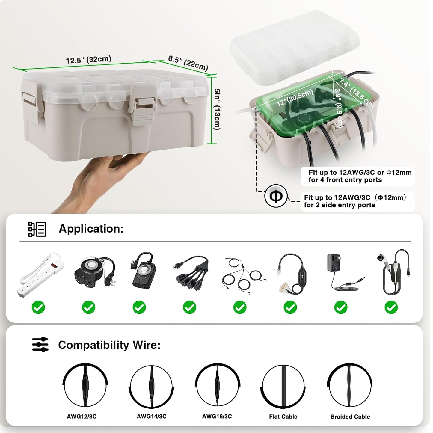 Flemoon Large Outdoor Electrical Box, Waterproof Extension Cord Cover | 6 Cable Entry Ports, IP54 Weatherproof Connection Box with Clear Lid for Photocell Light Sensor Timer, Outlet, Socket, Almond