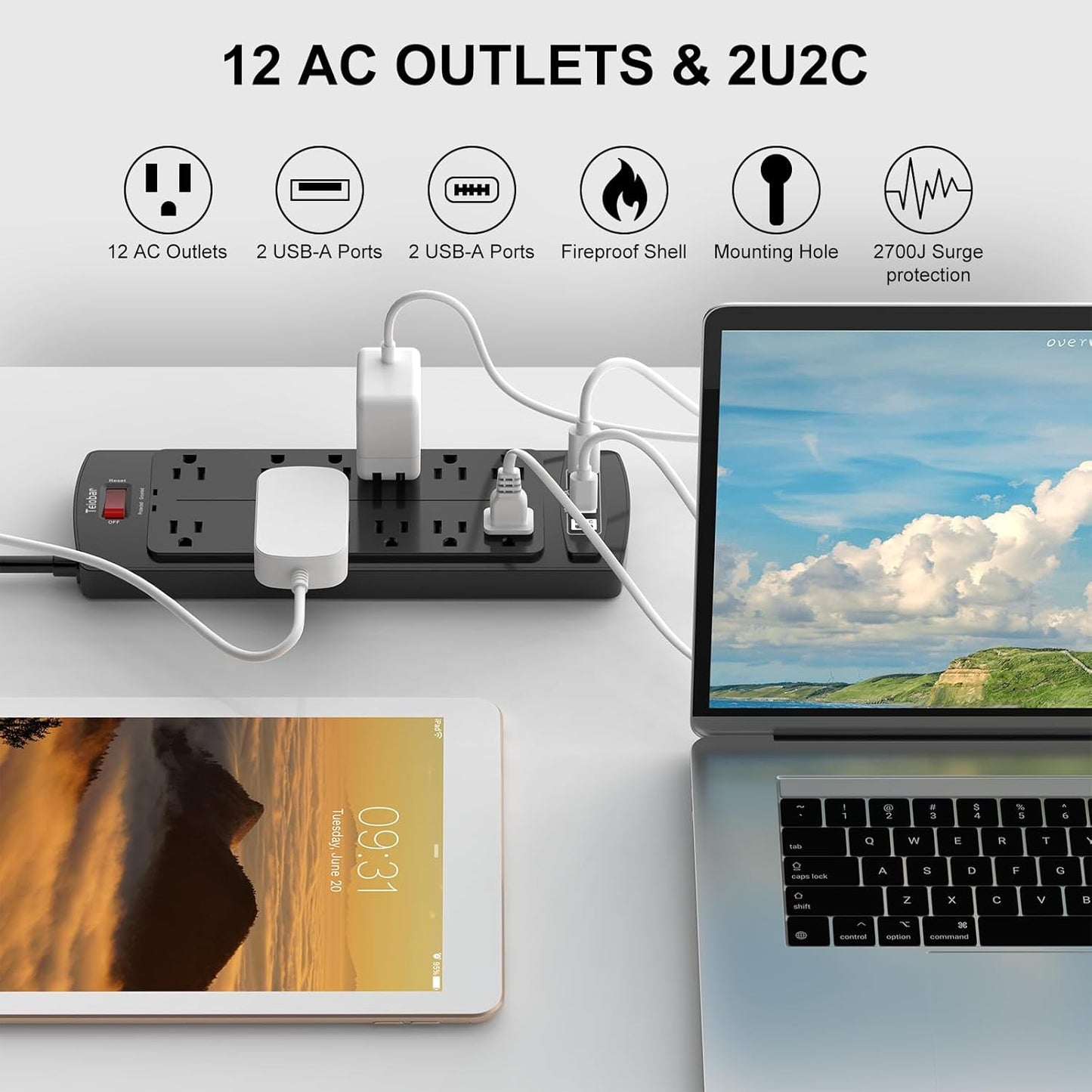 6 Ft Extension Cord Power Strip, Teiobar Surge Protector with 12 AC Outlets and 4 USB Ports for Home, Office, Dorm Essentials, 2700 Joules, ETL Listed, Black