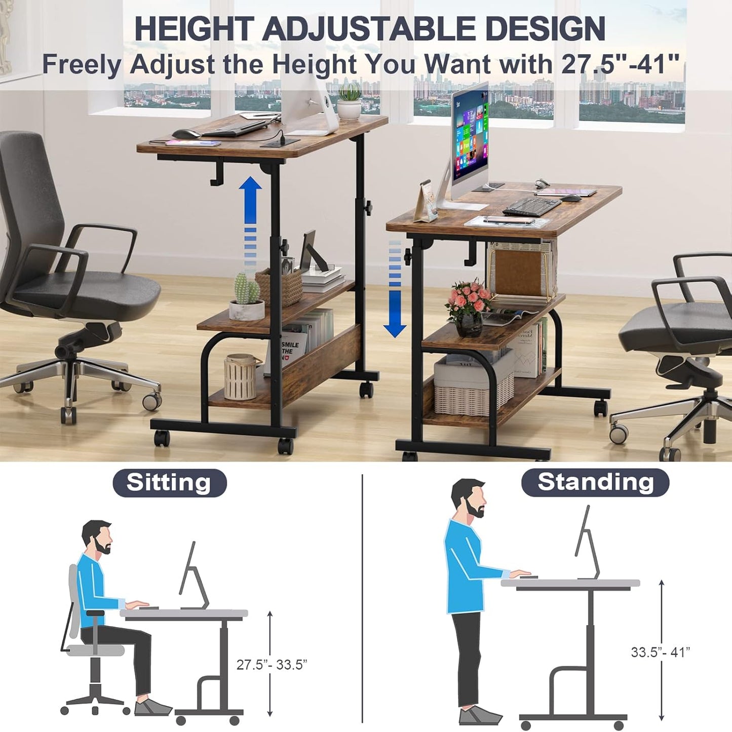 Armocity Rolling Standing Desk with Charging Station, Portable Height Adjustable Mobile Computer Desk with Wheels & 2-Tier Shelves & Hooks, Easy Assembly Laptop Table for Couch Bed, 32" Rustic Brown