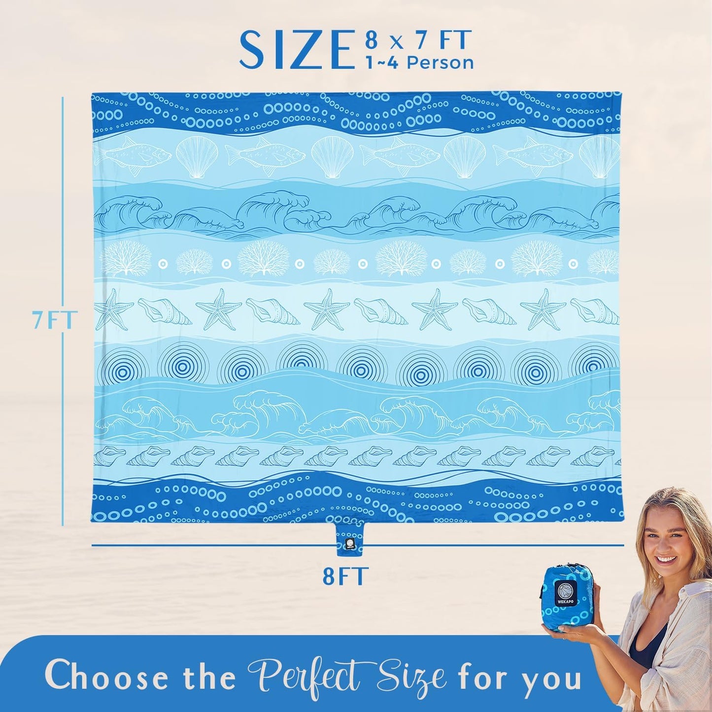 WEKAPO Beach Blanket Waterproof Sandproof Oversized Extra Large Sand Free Beach Mat with Stakes, Storage Bag - Essentials for Outdoor Beach, Picnic (Bohemian Starfish, 8 X 7 FT (1~4 Person))