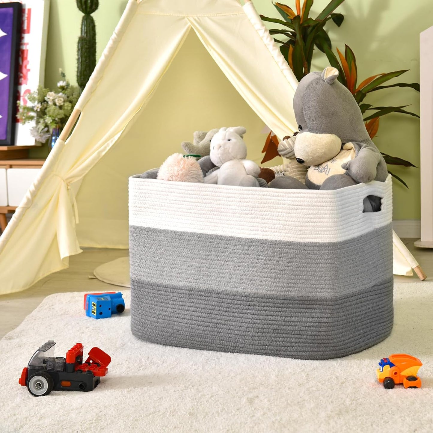ICERZCZ Extra Large Blanket Basket Living Room, Rectangle Storage Basket, Large Woven Baskets for Storage, Cotton Rope Basket for Toys, Clothes, Gradient Grey - 25”x16”x16” (105L)