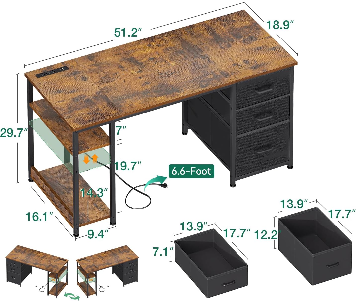 AODK 51 Inch Computer Desk with Fabric Drawers & USB Power Outlets, Reversible Home Office Desk with Storage Shelves, Work from Home, Modern Work/Writing/Study Table for Bedroom, Vintage