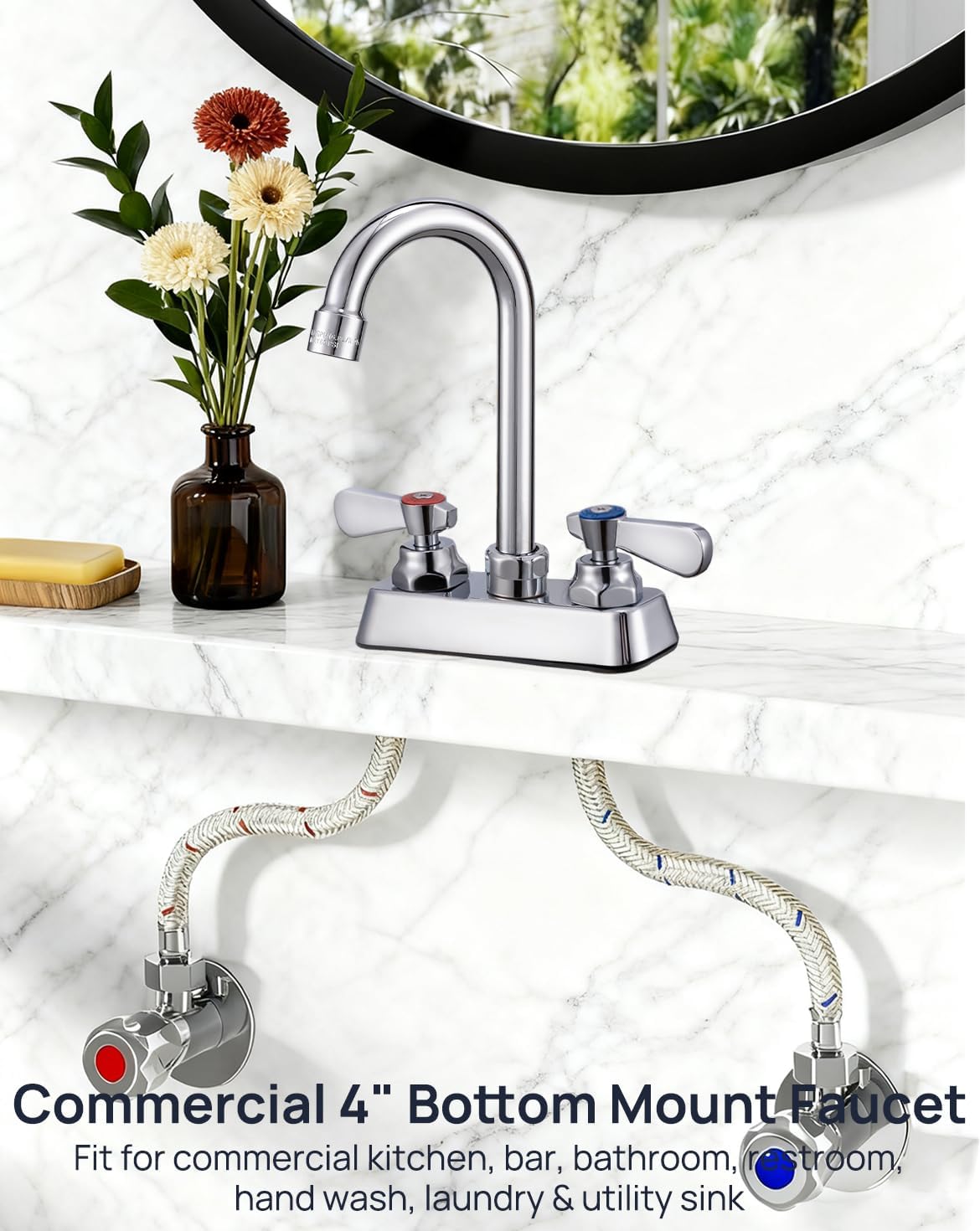 Leak-Free Commercial Sink Faucet 4 inch Center 2 Hole, Commercial Handwash Sink Faucet 3-1/2" Gooseneck Deck Mount, Laundry Tub Utility rv Bar Sink, Brass