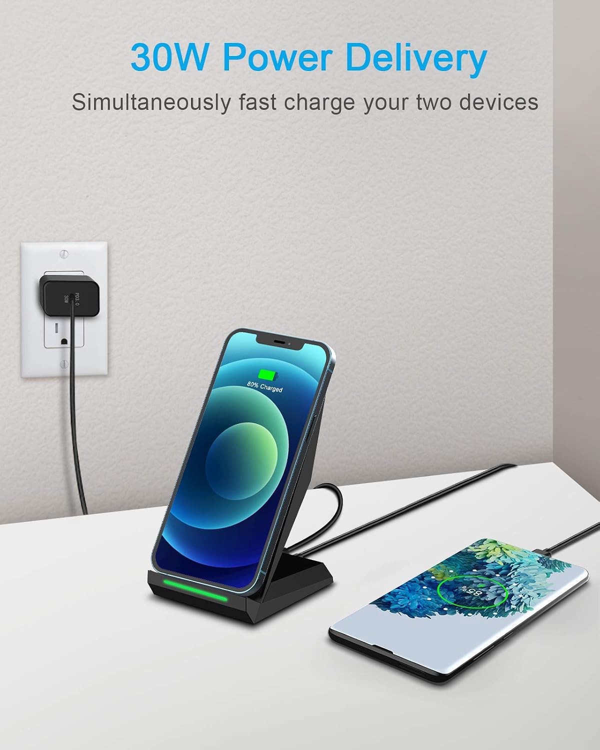 Fast 2 in 1 Wireless Charging Stand, with 30W Adapter for Universal Phone | High Speed Charger with Extra USB-A Port Compatible with iPhone 17/16/15/14/13/12/11, for Samsung Galaxy S26/S25/S24/S23/S22