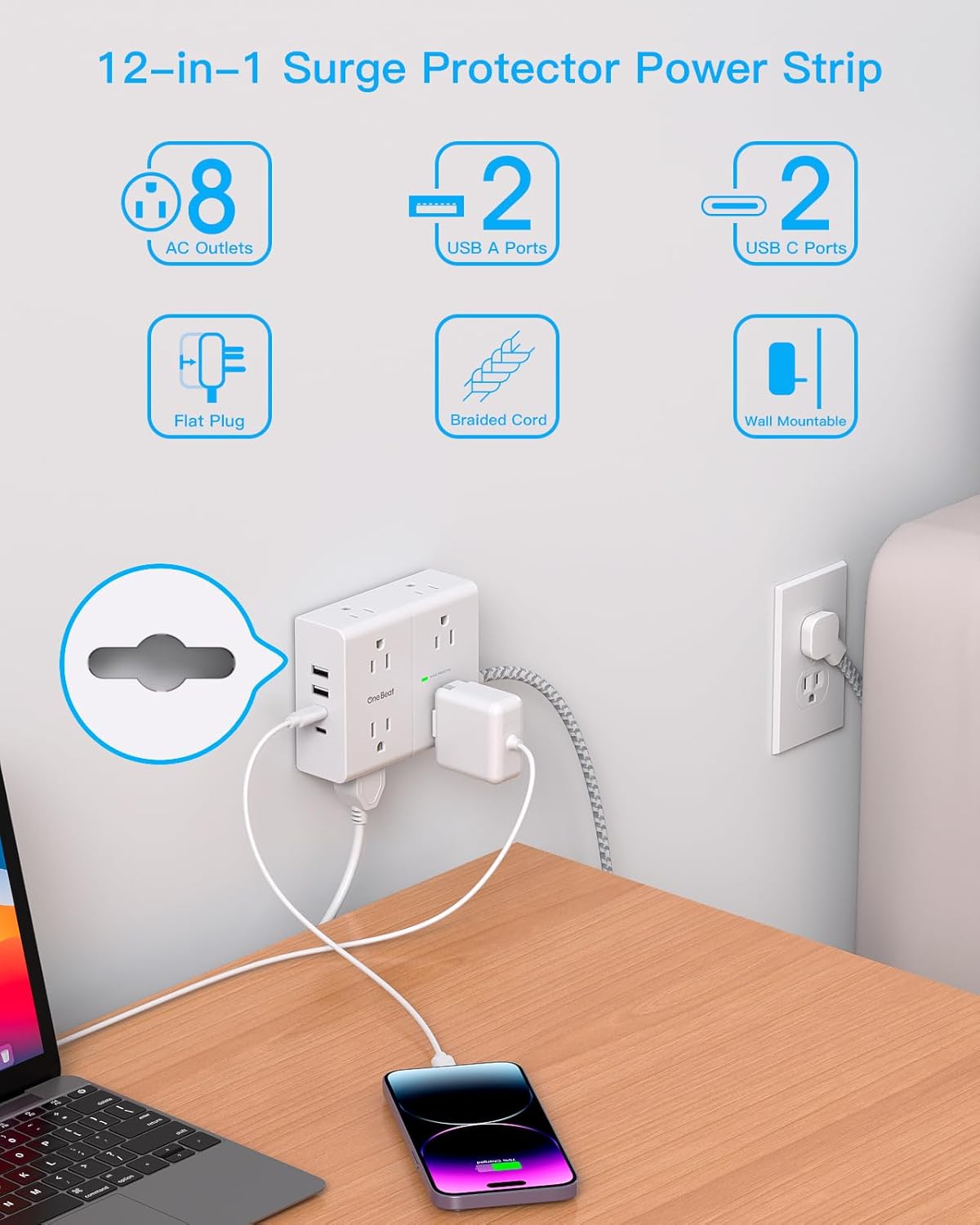 Surge Protector Power Strip 15 Ft Cord, Ultra Thin Flat Extension Cord with 8 Outlets 4 USB Ports(2 USB C), Flat Plug Power Strip, 15 Ft Long Braided Power Cord for Home, Office, Dorm Room Essentials