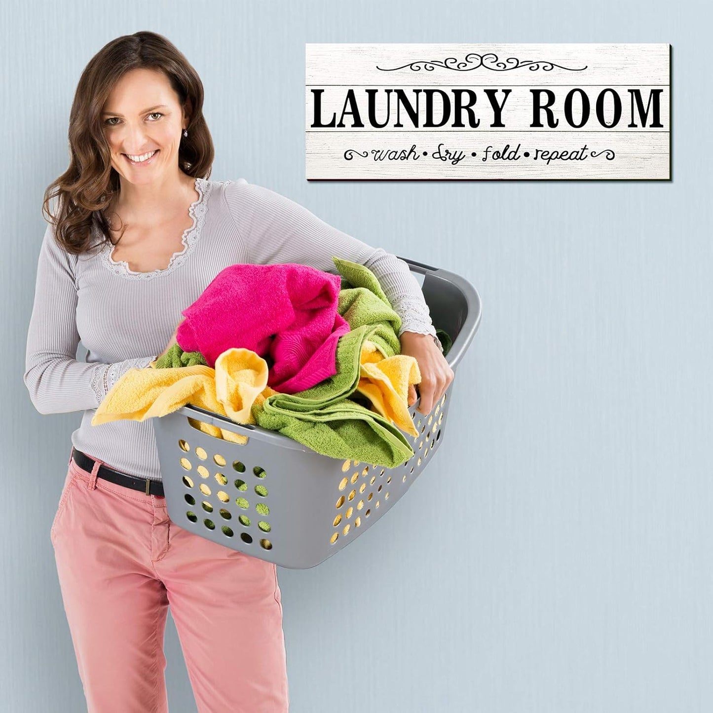 Laundry Room Decor Sign Wooden Rustic Farmhouse Family Laundry Room Wall Sign Wash Dry Fold Repeat Wall Decor Prints for Home, 16 x 6 Inches(White)