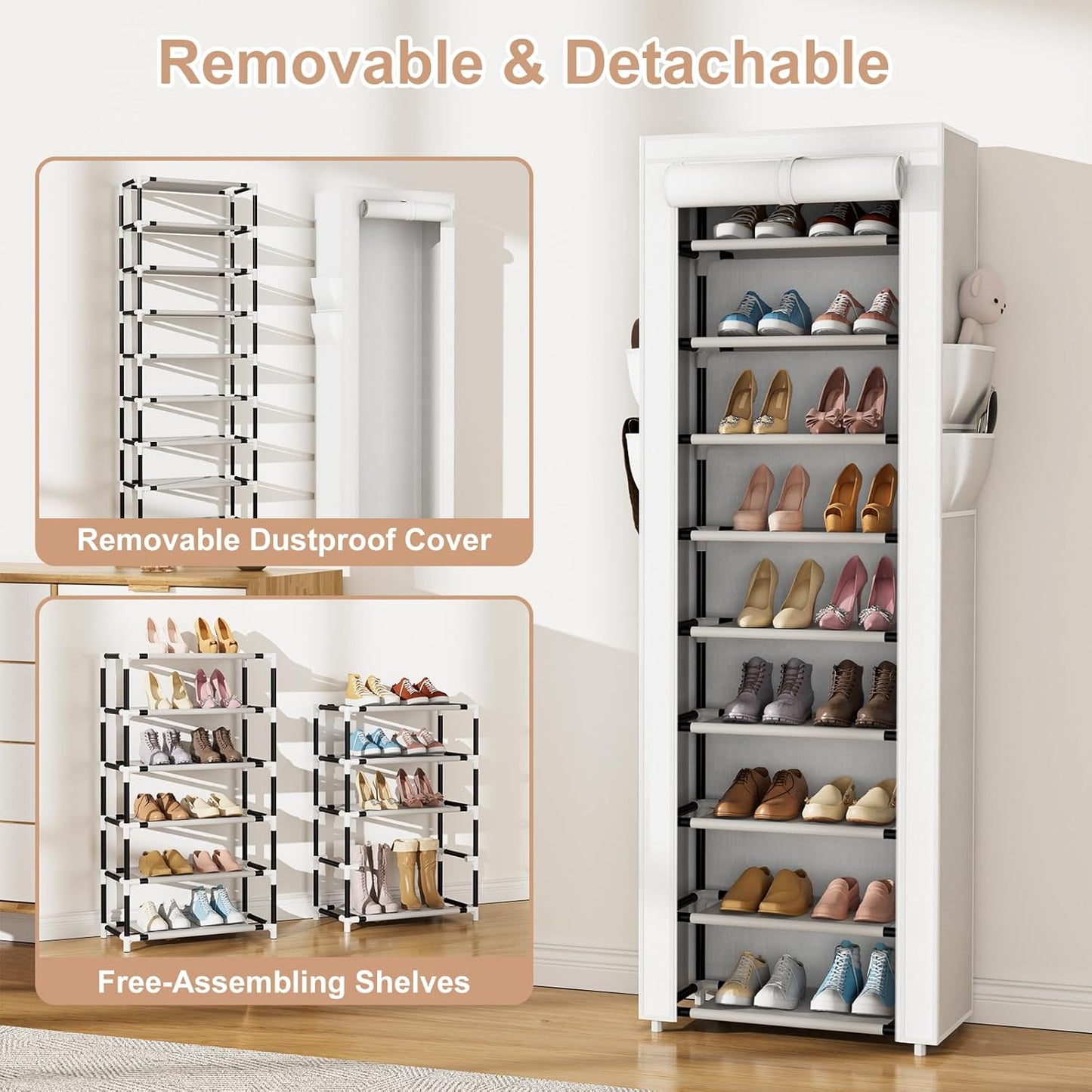 VILICK Shoe Rack with Cover Narrow Shoe Rack Organizer with 4 Side Pockets 10 Tier Tall Shoe Storage Shoe Shelf Holds 18-22 Pairs Shoes and Boots Shoe Rack for Closet, Printing