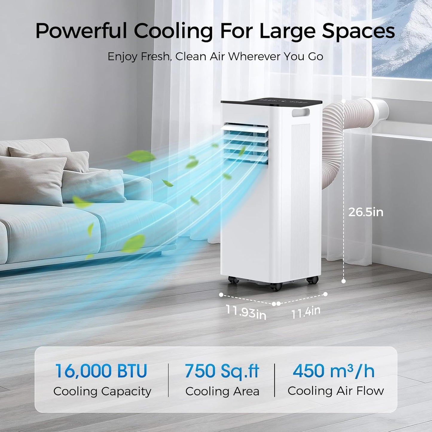 16000 BTU Portable Air Conditioner for Large Rooms & Bedrooms up to 750 Sq.Ft, Ultra Quiet 40dB Smart WiFi AC, 5-in-1 Cooling with Dehumidifier, Fan, Sleep Mode & Timer(White)