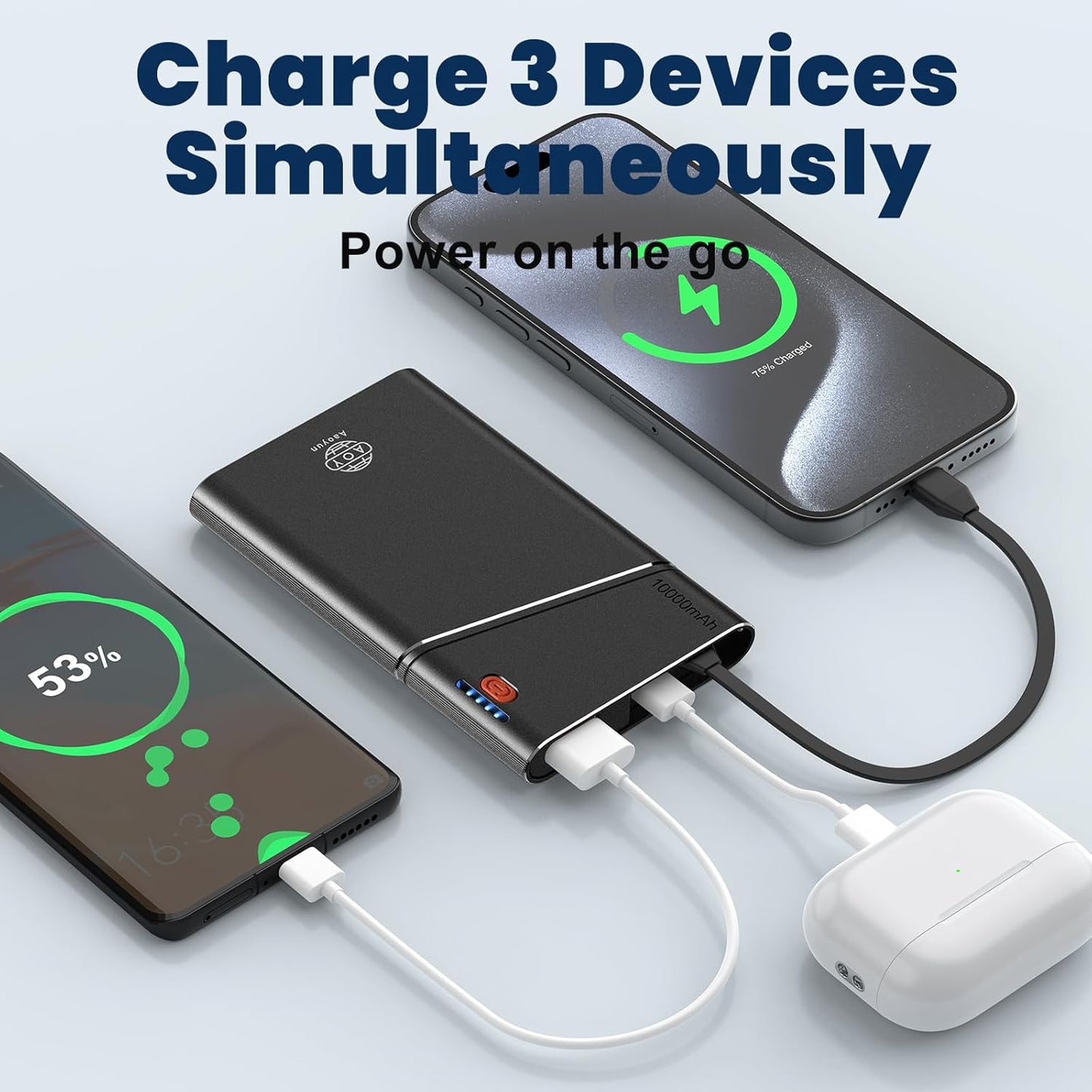 Aaoyun Portable Charger Power Bank, 10000mAh 22.5W PD Fast Charging Powerbank with Built-in USB C Cable, Slim External Phone Battery Pack for iPhone 17/16/15 Samsung S24 Android etc (Black)