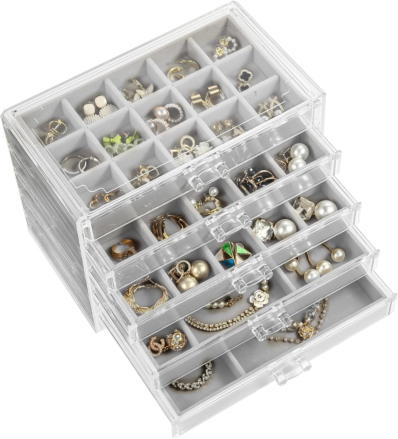 GUOER 5 Drawers Clear Jewelry Box for Women and Girls, Acrylic Earring Holder Organizer Ring Holder Display Storage, Mother's Day Warm White