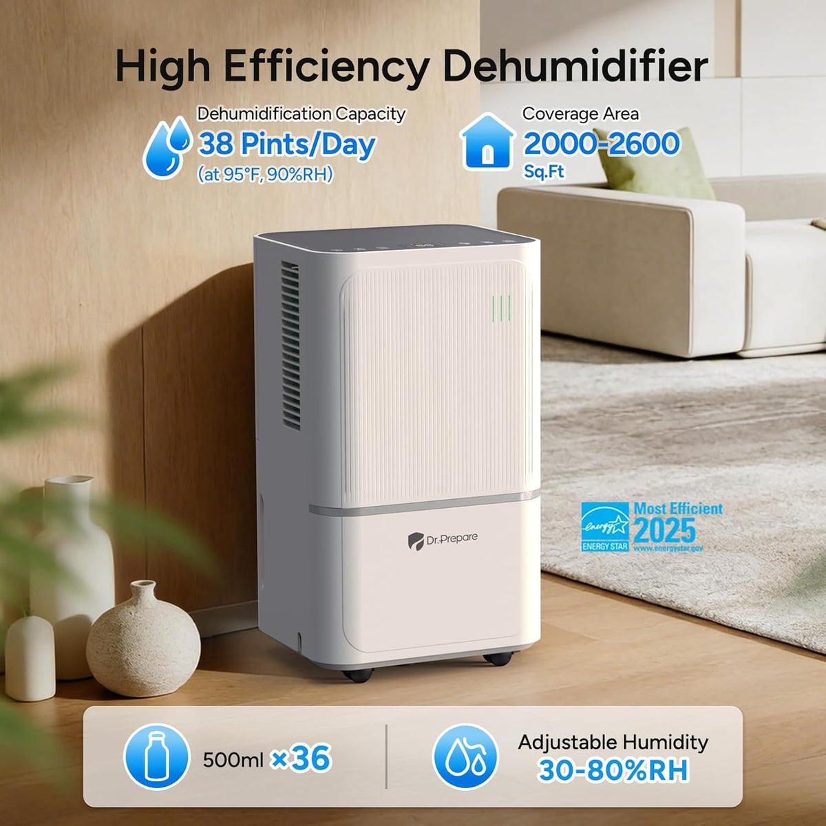 DR.PREPARE 2600 Sq.Ft Energy Star Dehumidifier, Max 38 Pints, Dehumidifier for Basement, Bedroom, bathroom with Drain Hose, Intelligent Humidity Control, Dry Clothes, 3 Modes, Sleep Mode, 24H Timer