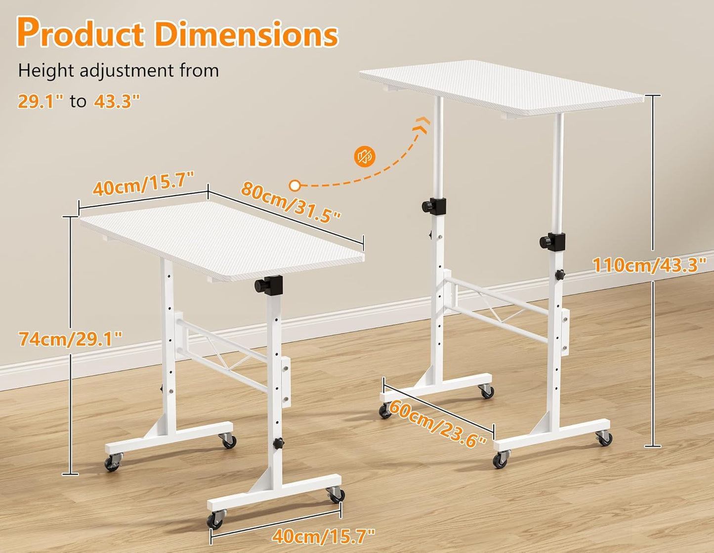 HOMIDEC Standing Desk, 32 Inch Portable Small Desk Adjustable Height, Rolling Home Office Desks with Wheels, Sit Stand Desk for Bedroom Walking Pad Home Office Small Space, White