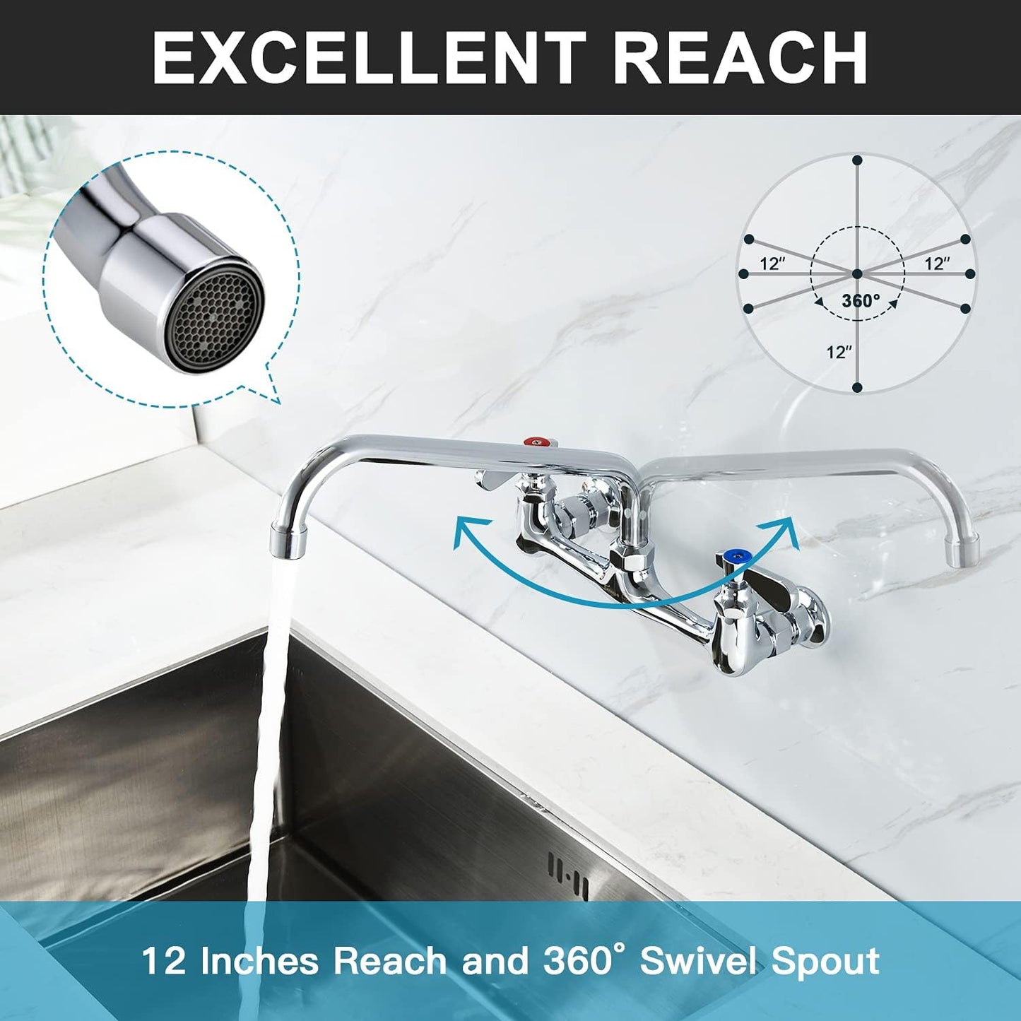 Wall Mount Faucet 8 Inch Center Commercial Kitchen Faucet, 12 Inches Swivel Spout Wall Mounted Restaurant Sink Faucets 2 Handle Commercial Faucets for Laundry Utility(Polished,12")