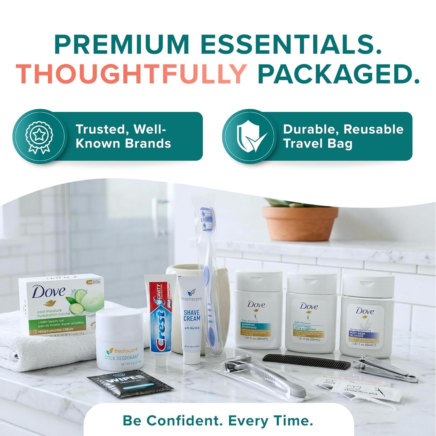 20 Piece Unisex Travel Hygiene Kit with Toiletries & Personal Care Essentials, TSA-Compliant, Individual and Bulk Packs Available