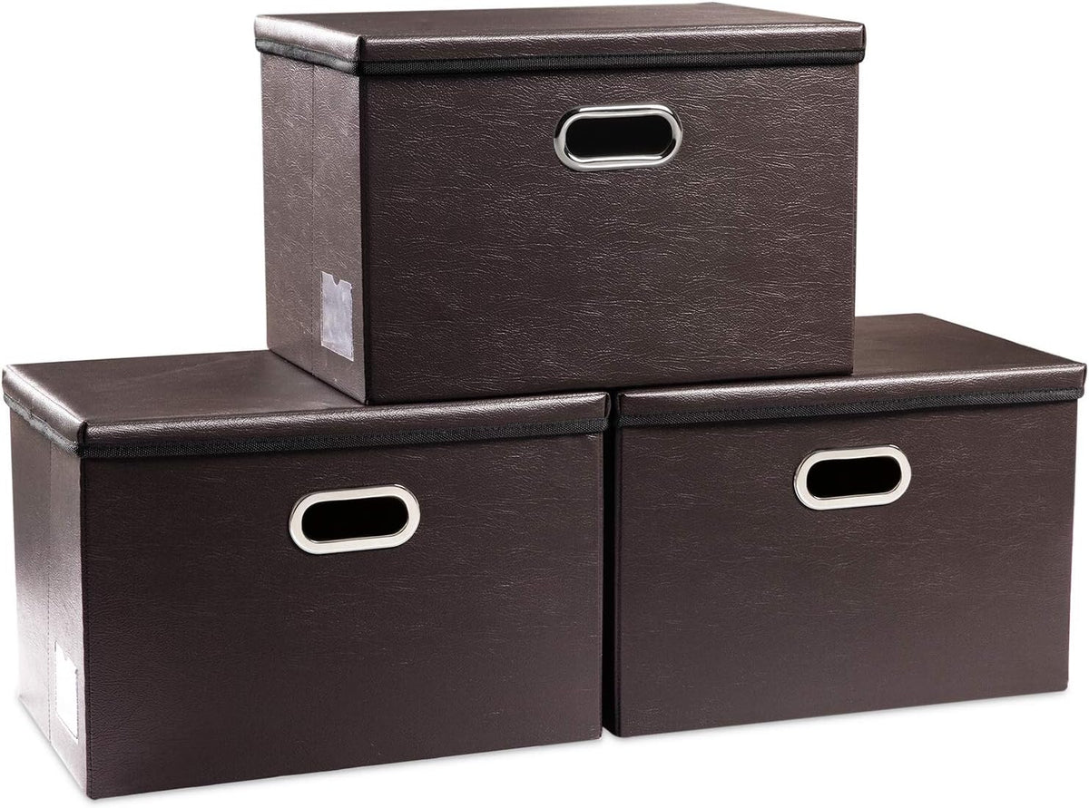 PRANDOM Collapsible Storage Box with Lid [1-Pack] Leather Fabric Foldable Storage Bin Organizer Container Basket Cube with Cover for Home Bedroom Closet Office Nursery Black (13.6x9.6x6.9)