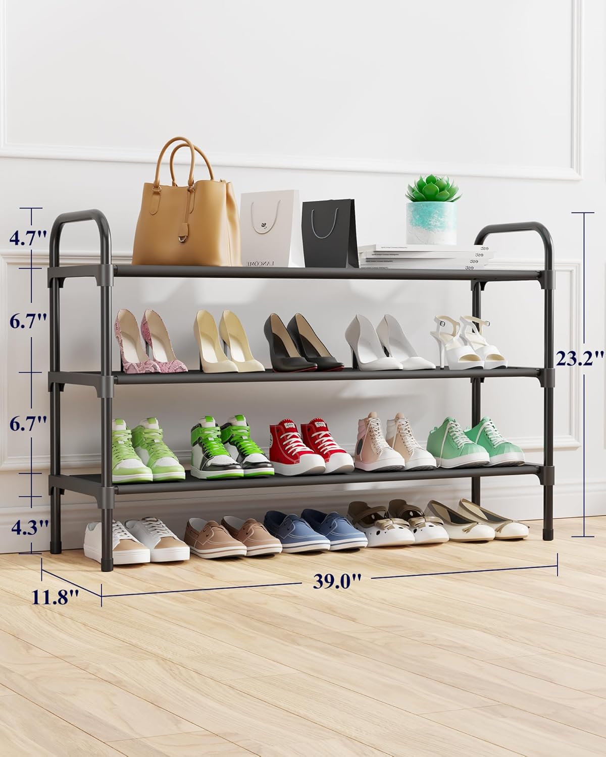 Kitsure Extra-Long Shoe Rack for Closet, Shoe Organizer for Front Door Entrance, Stackable Shoe Shelf, Detachable Closet Organizers and Storage, 39.0" Wide - 3 Tier, Black