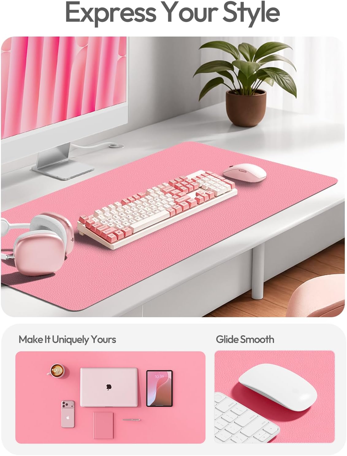 YSAGi Leather Desk Protector, Office Mat, Large Mouse Mat, Non-Slip PU Leather Blotter, Laptop Desk, Waterproof Writing Pad for Office and Home (Pink, 31.5" x 15.8")