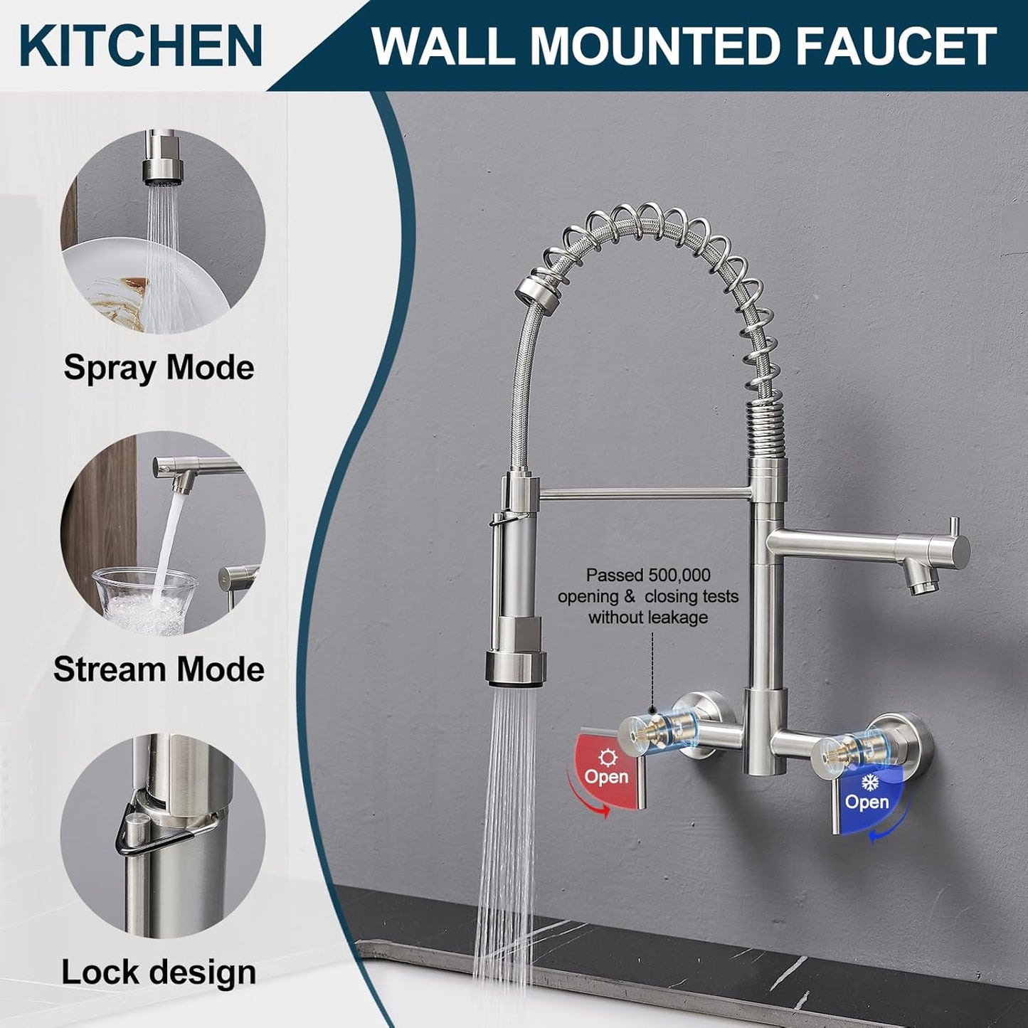AIMADI Wall Mount Kitchen Faucet,Commercial Sink Faucet with Sprayer, Dual Handles Utility Sink Faucet for Kitchen Laundry Restaurant,Stainless Steel