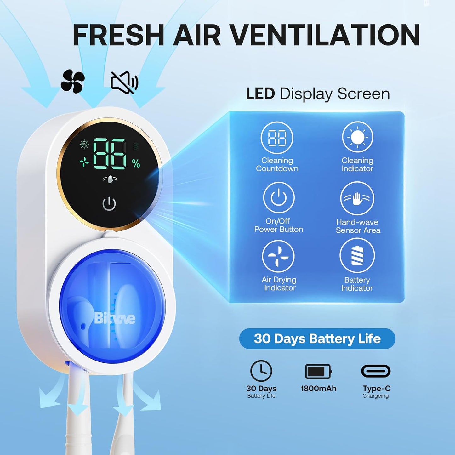 Bitvae Upgraded Tooth Brush Holder for Bathroom 2.0, Infrared Sensing Toothbrush Cleaner, Wall-Mounted for Most Size Toothbrushes, Air Drying, LED Smart Screen, White Gold Trim