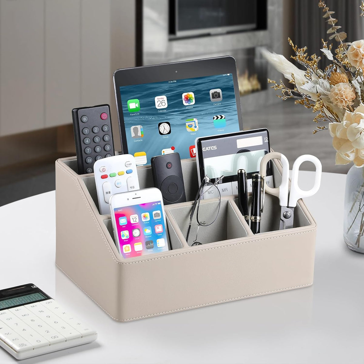 PU Leather Desk Organizer, Remote Control Holder, Dark Beige