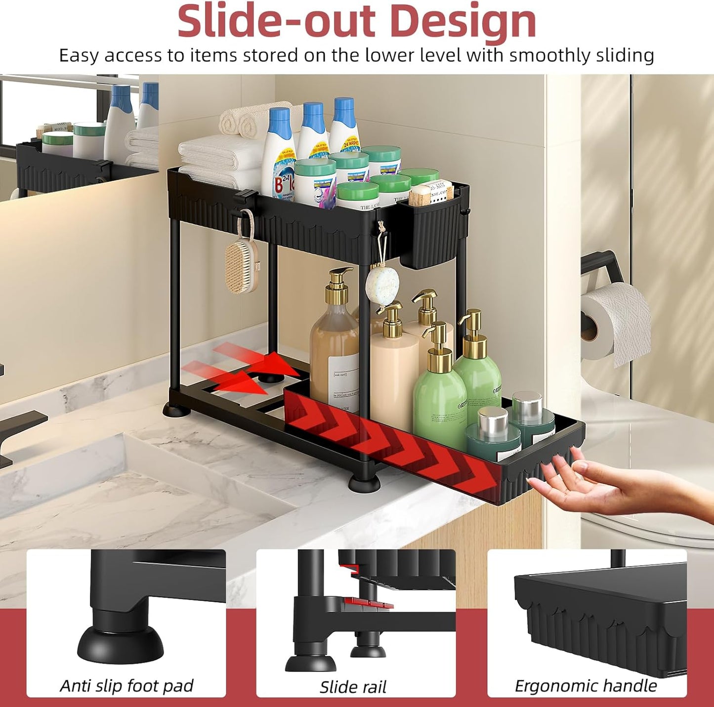 Sevenblue 4 Pack Under Sink Organizer, Bathroom Organizers and Storage, 2 Tier Multi-Use Pull Out Cabinet Organizer with Hang Hooks and Cups (Black, 4 Pack)