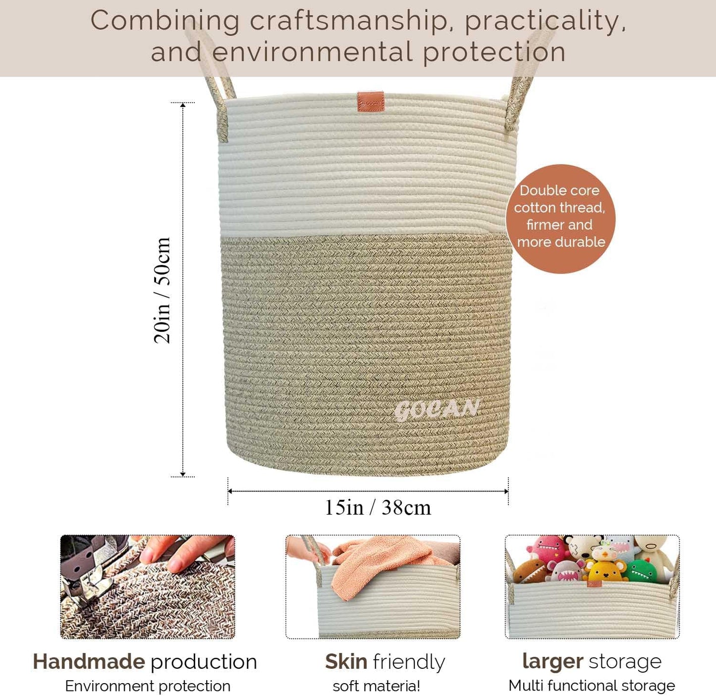 GOCAN large tall sturdier Laundry Hamper Basket Woven Storage Baskets for clothes Pillows Blanket Toy in living or bed room decoration H50XD38cm borwn/beige