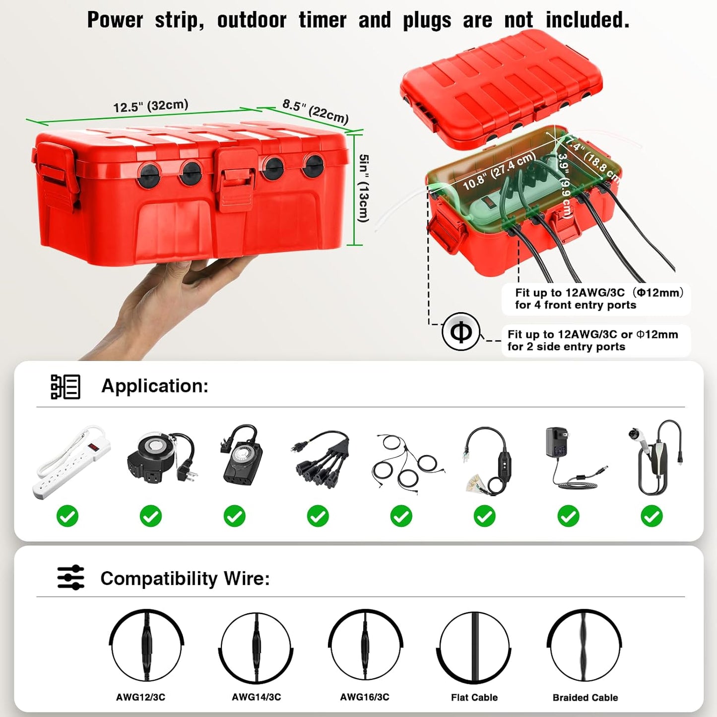 Flemoon Large Outdoor Electrical Box, Waterproof Extension Cord Cover | Inner Size 12 x 7.4 x 3.9 Inch, 6 Cable Entry Ports, IP54 Weatherproof Connection Box for Outlet, Timer, Holiday Light, Red