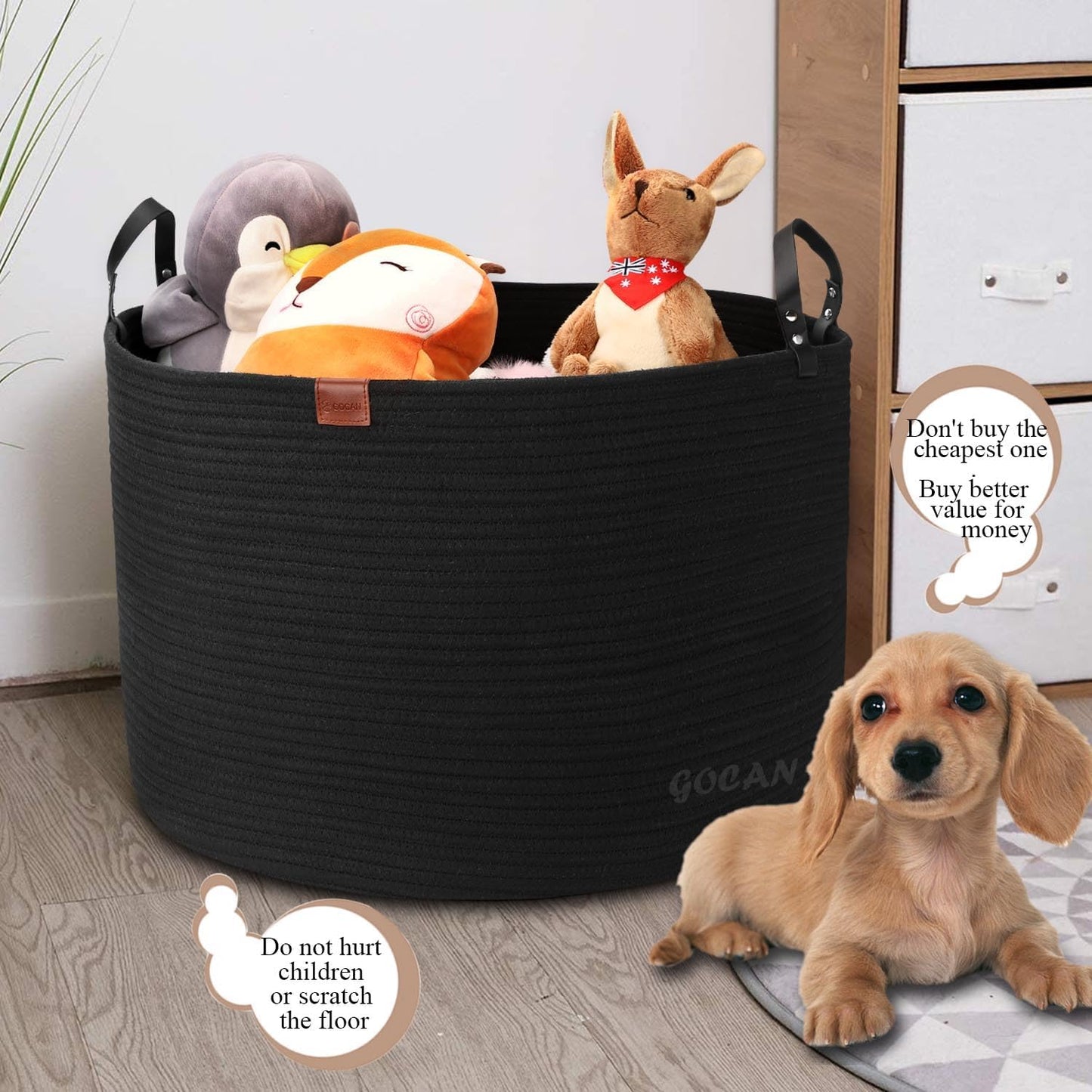 Cotton Rope Woven Laundry Basket 22"X 22"X 14" with handles (Pure Blk) XXXL | Hand-woven, ideal for storing blankets and cushions in the living room, and clothes for household storage.