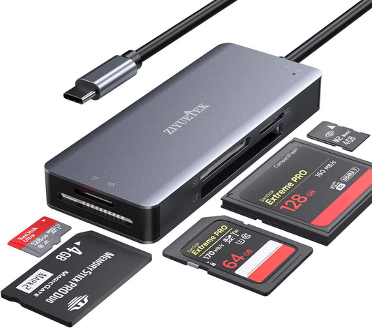 USB C SD Card Reader,5- in-1 Aluminum Thunderbolt 3 Memory Card Reader for CF, SD/SDHC,TF/Micro SD/MS/M2,CompactFlash Card for iPhone 15/16/Pro Max Android Windows MacBook