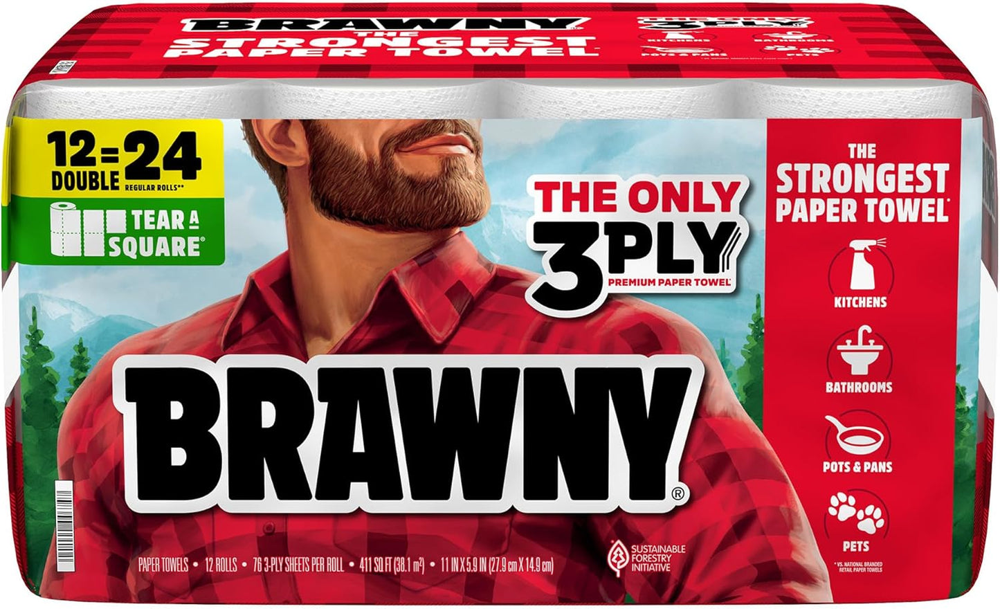 Brawny Tear-A-Square 3-Ply Paper Towels, 12 Double Rolls = 24 Regular Rolls, Strong, Absorbent, and Durable with 3 Sheet Sizes