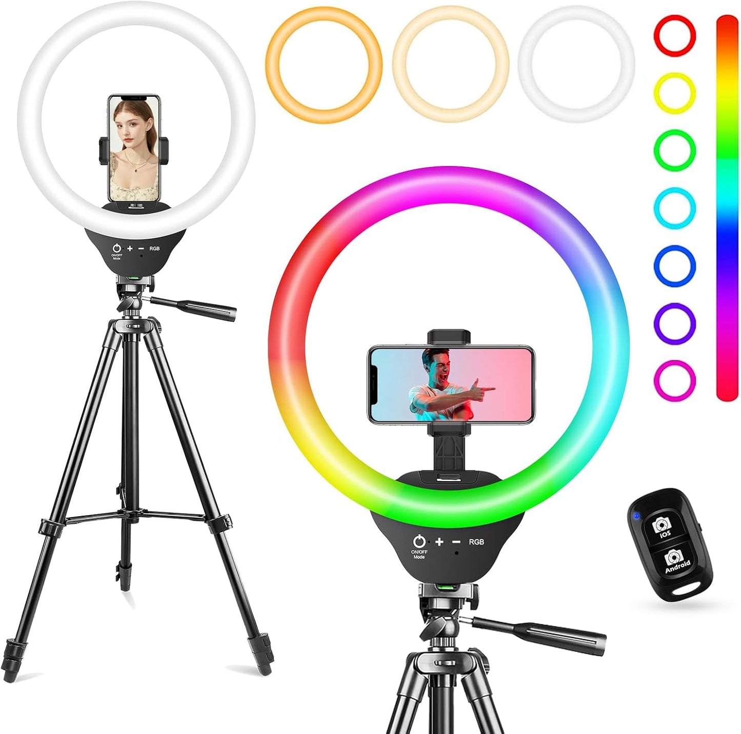Sensyne Ring Light with Stand, 50" Phone Tripod for iPhone & Android, LED Ring Light with Remote, 3 Color Modes & 10 Brightness Levels for TikTok, Zoom & Video Recording