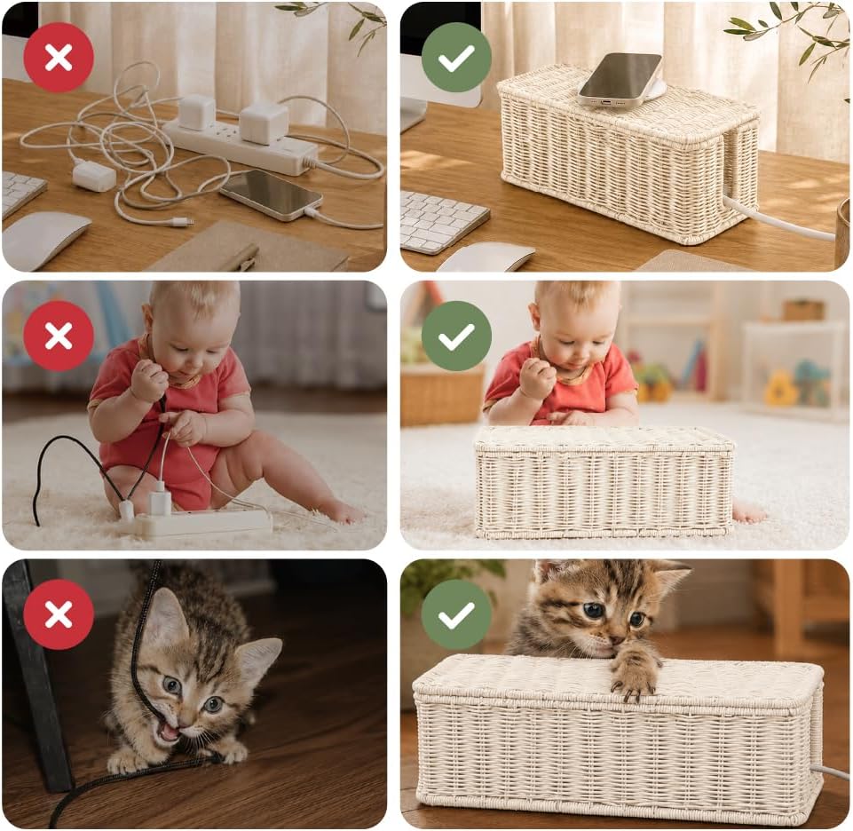 Cable Management Box, Handmade Rattan Cord Organizer for Power Strip | Open Slots Cord Hider for Power Strip, Router & USB Hub, Registered U.S. Design Patent