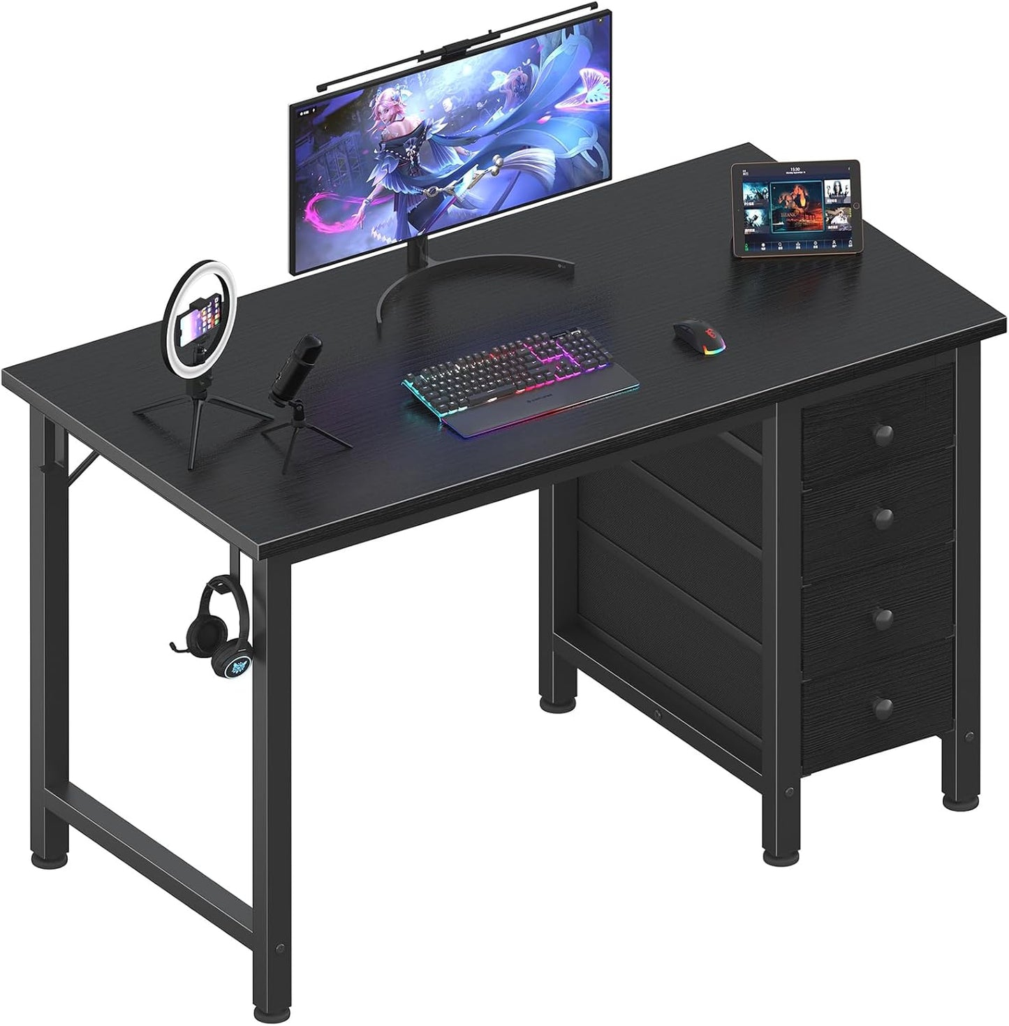 Lufeiya Small Gaming Desk with 4 Drawers, 40 Inch Kids Girls Teen Cute Study Desk for Bedroom, Reversible Work Computer Writing Table Desks for Small Space Home Office, Black