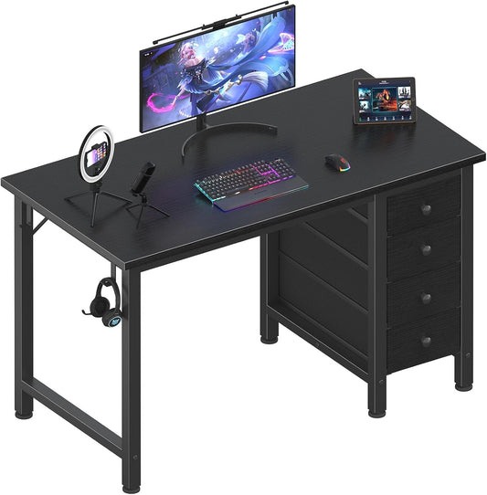 Lufeiya Small Gaming Desk with 4 Drawers, 40 Inch Kids Girls Teen Cute Study Desk for Bedroom, Reversible Work Computer Writing Table Desks for Small Space Home Office, Black