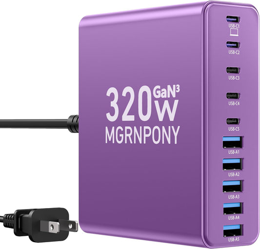 320W USB C Charger Block, MGRNPONY 10-Port GaN USB C Charging Station