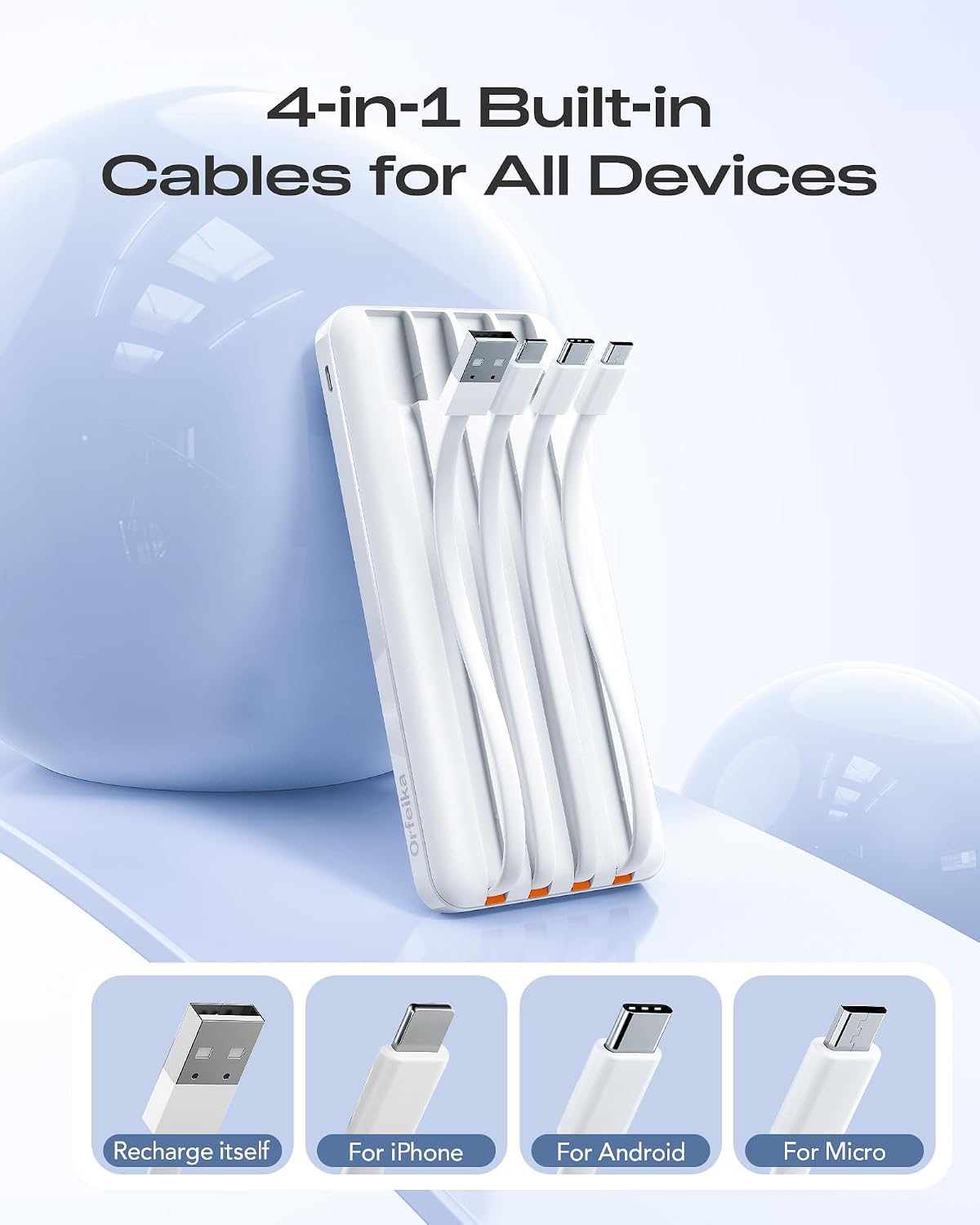 Orfeika 20000mAh Power Bank, Portable Charger with 4 Built-in Cables