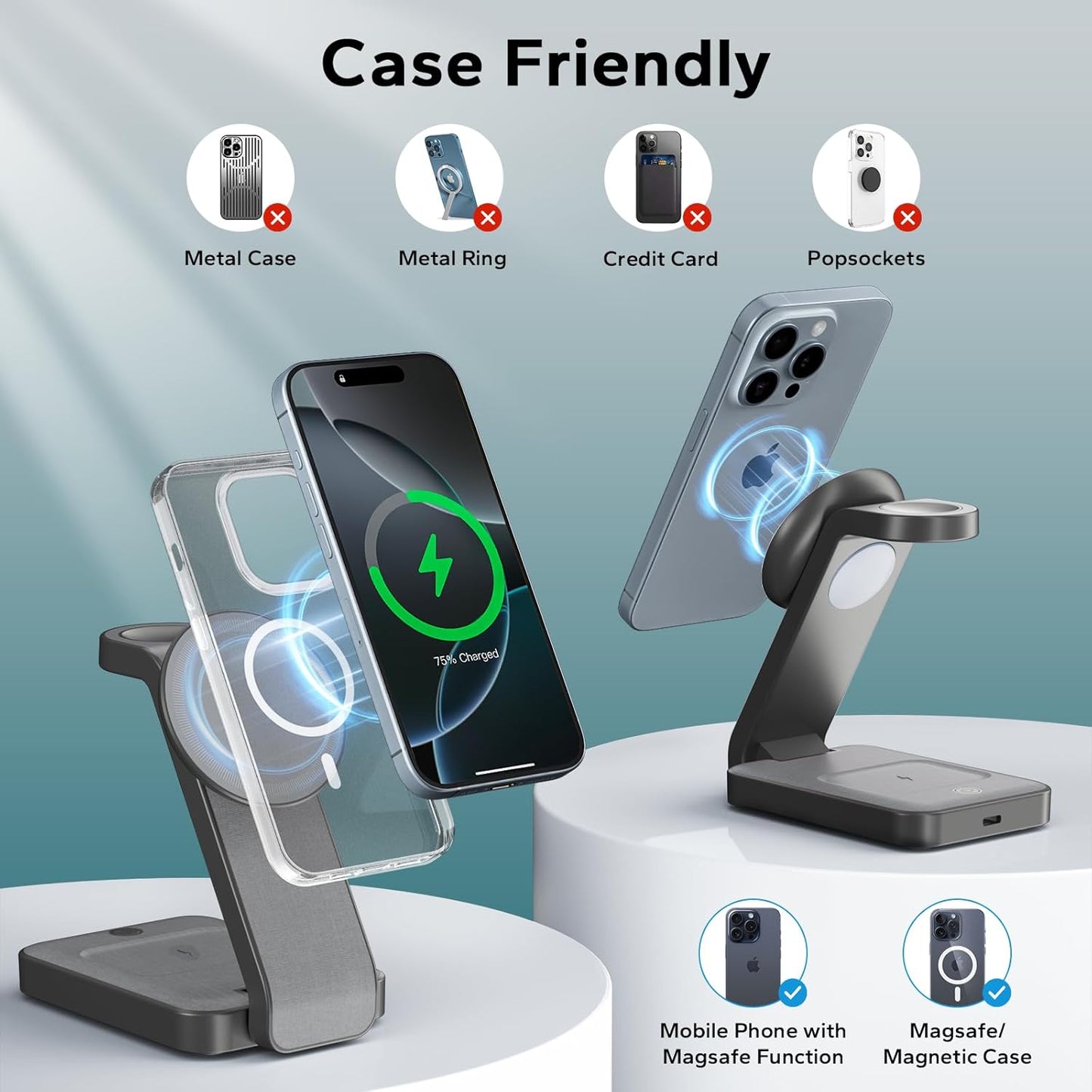 Eazpower 3 in 1 Foldable Wireless Charging Station for MagSafe, Nightstand Magnetic Charger Stand for iPhone 17 16 15 14 Pro Max, Travel Charging Dock with Night Light for Apple Watch/AirPods (Gray)