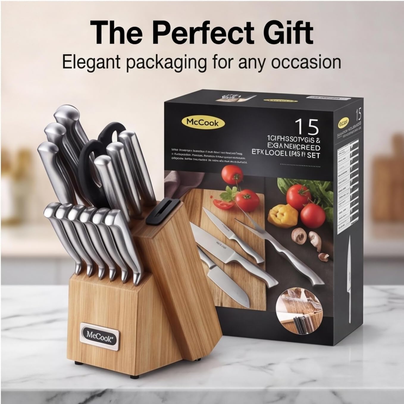 McCook® Knife Sets,German Stainless Steel Knife Block Sets with Built-in Sharpener, 15 Piece Chef Knife and More, Razor Sharp, Restaurant Grade, Anti-Rust, Elegant Box for Gift